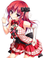 Rule 34 | 1girl, audrey belrose, back bow, bad id, bad pixiv id, bow, choker, female focus, fingerless gloves, food, fruit, gloves, grin, hatsu, hunie (series), huniepop, long hair, looking at viewer, middle finger, red eyes, red hair, ribbon choker, smile, solo, strawberry