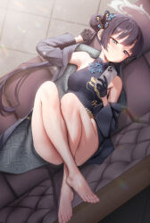 Rule 34 | 1girl, absurdres, bare legs, bare shoulders, barefoot, black gloves, black hair, blue archive, breasts, cellphone, china dress, chinese clothes, closed mouth, coat, couch, double bun, dress, gloves, grey eyes, hair bun, halo, highres, holding, holding phone, kisaki (blue archive), knees up, lying, on back, phone, small breasts, smartphone, solo, trench coat, yuchae