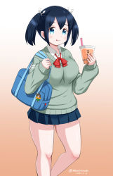 Rule 34 | 1girl, alternate costume, bag, blue eyes, blue hair, blue skirt, bow, bowtie, breasts, collared shirt, cup, disposable cup, green sweater, hair ribbon, holding, holding cup, kantai collection, large breasts, long sleeves, masara (chuujou), miniskirt, pleated skirt, red bow, red bowtie, ribbon, school bag, school uniform, shirt, skirt, solo, souryuu (kancolle), sweater, twintails, white ribbon, white shirt