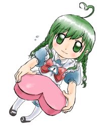 Rule 34 | 1girl, ahoge, apron, bow, bowtie, braid, full body, gift, green eyes, green hair, long hair, looking at viewer, maid, maid apron, matching hair/eyes, me-tan, os-tan, shoes, short sleeves, simple background, solo, twin braids, valentine, white background, white legwear, wing collar