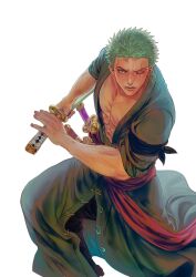 Rule 34 | 1boy, bare pectorals, dark-skinned male, dark skin, feet out of frame, fighting stance, green hair, green kimono, highres, japanese clothes, kimono, looking at viewer, male focus, nok (nok 1), one piece, open clothes, open kimono, pectorals, ready to draw, roronoa zoro, scar, scar across eye, serious, short hair, solo, veins, veiny arms, veiny hands