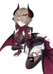 Rule 34 | 1girl, absurdres, alternate costume, arm support, bat wings, black dress, black gloves, blush, bow, bowtie, breasts, cleavage, cross hair ornament, demon horns, demon wings, dress, earrings, elbow gloves, flower, frills, glint, gloves, hair flower, hair ornament, hair over one eye, hand up, highres, hiroshi (2443303124), honkai (series), honkai impact 3rd, horns, jewelry, large breasts, light brown hair, looking at viewer, mole, mole under eye, purple eyes, red bow, red bowtie, red flower, red rose, rita rossweisse, rose, short hair, sidelocks, silver, simple background, sitting, smile, solo, spider web print, thighhighs, wariza, white background, wings, wrist cuffs