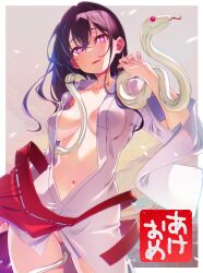 1girl absurdres black_hair breasts bright_pupils chinese_zodiac commentary_request highres long_hair looking_at_viewer medium_breasts naked_shirt navel nengajou new_year open_clothes open_shirt original pink_eyes sakuya_tsuitachi shirt snake solo white_pupils white_snake year_of_the_snake