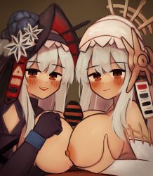 Rule 34 | 1boy, 2girls, absurdres, arknights, black gloves, black hairband, black hat, blush, breasts, brown eyes, commentary, commentary request, cooperative paizuri, detached sleeves, double paizuri, dual persona, english commentary, gloves, grey hair, hairband, hat, hetero, highres, large breasts, looking at viewer, male pubic hair, mixed-language commentary, multiple girls, nipples, open mouth, paizuri, penis, pov, pubic hair, sharp teeth, smile, specter (arknights), specter the unchained (arknights), teeth, turnip eh, white hairband, white sleeves