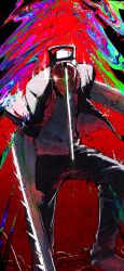 Rule 34 | 1boy, absurdres, black pants, blood, blood spray, bloody weapon, chainsaw, chainsaw man, commentary request, denji (chainsaw man), erupusai2, glowing, glowing eye, handle, highres, intestines, jacket, multicolored background, open clothes, open jacket, pants, red background, shirt, shoes, simple background, sleeves rolled up, solo, stylized blood, torn clothes, weapon