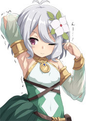Rule 34 | 1girl, arm behind head, armpits, blush, breasts, elf, flower, hair ornament, kokkoro (princess connect!), looking at viewer, pointy ears, princess connect!, red eyes, short hair, small breasts, umarutsufuri, white hair