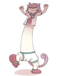 Rule 34 | 1girl, 810 (dadmiral), :3, animal ears, arms up, cat ears, cat tail, commentary request, creatures (company), full body, game freak, gen 1 pokemon, gigantamax, gigantamax meowth, highres, kantai collection, meowth, navel, necktie, nintendo, parody, pink hair, pokemon, pokemon (creature), pokemon swsh, red eyes, red necktie, sailor collar, short hair, shorts, simple background, solo, standing, standing on one leg, tail, tama (kancolle), white background