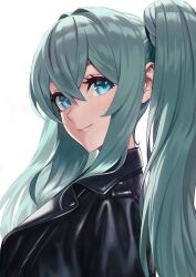 Rule 34 | 1girl, aqua hair, black jacket, blue eyes, close-up, closed mouth, eyelashes, hair between eyes, hair over shoulder, hatsune miku, highres, jacket, lapels, leather, leather jacket, lips, long eyelashes, long hair, looking at viewer, looking back, sakuraba hiro, shiny lips, sidelocks, simple background, smile, solo, studded jacket, twintails, upper body, very long hair, vocaloid, white background, zipper