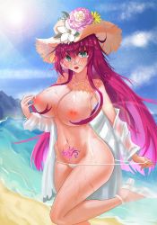 Rule 34 | 1girl, azur lane, bikini, bikini bottom only, breasts, flower, green eyes, hat, hat flower, heart, heart tattoo, high heels, highres, in water, large breasts, leg up, looking at viewer, looking over eyewear, looking over glasses, nipples, orange-tinted eyewear, orange-tinted glasses, pink-tinted eyewear, pubic tattoo, pulled by self, red hair, sayami xq, see-through, solo, straw hat, string pull, sun hat, sunglasses, surcouf (azur lane), surcouf (loisirs balneaires) (azur lane), swimsuit, tattoo, tinted eyewear, topless, water, white footwear