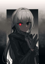 Rule 34 | 1girl, absurdres, black bow, black gloves, black jacket, bow, braid, chihuri, closed mouth, collared shirt, eve (chihuri), gloves, grey eyes, grey hair, hair bow, hands up, heterochromia, highres, jacket, long hair, long sleeves, looking at viewer, open clothes, open jacket, original, red eyes, shirt, solo, upper body, very long hair, white shirt