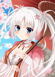 Rule 34 | 1girl, absurdres, blue eyes, blush, breasts, cherry blossoms, cleavage, commentary, day, detached collar, flower, gradient kimono, grey hair, hair flower, hair ornament, highres, holding, holding umbrella, japanese clothes, kimono, long hair, looking at viewer, maple 0126, medium breasts, nontraditional miko, oil-paper umbrella, outdoors, parted bangs, parted lips, pink flower, red kimono, red umbrella, senren banka, sleeves past wrists, solo, tomotake yoshino, twintails, umbrella, upper body, very long hair, white kimono, wide sleeves