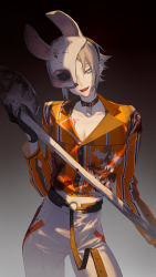 Rule 34 | 1boy, animal collar, animal print, axe, belt, black collar, black gloves, black hair, blood, blood on clothes, blood on face, bloody weapon, blue eyes, brown background, brown hair, buttons, collar, collarbone, commentary, contrapposto, cosplay, cowboy shot, dead by daylight, dog print, fangs, fingernails, gloves, gradient background, highres, holding, holding axe, keikoku (kujira), long sleeves, looking at viewer, male focus, mask, mysta rias, nijisanji, nijisanji en, o-ring, o-ring belt, one eye covered, open mouth, orange shirt, pants, rabbit mask, sharp fingernails, shirt, short hair, smile, solo, standing, striped clothes, striped shirt, the huntress (dead by daylight), the huntress (dead by daylight) (cosplay), virtual youtuber, weapon, white pants