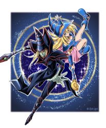Rule 34 | 1boy, 1girl, artist name, bare shoulders, black footwear, blonde hair, blue footwear, boots, closed mouth, colored skin, commentary request, dark magician, dark magician girl, duel monster, green skin, hat, highres, holding, holding staff, long hair, outline, smile, soya (sys ygo), sparkle, spread fingers, staff, wand, watermark, wizard hat, yu-gi-oh!