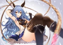 Rule 34 | &gt;:o, 10s, 1girl, :o, animal ears, arm up, armpits, ass, black footwear, black gloves, black thighhighs, blue hair, blush, boots, breasts, brown eyes, erune, ferry (granblue fantasy), gloves, granblue fantasy, hair between eyes, hand up, holding, holding weapon, holding whip, knee boots, knees together feet apart, long hair, looking at viewer, medium breasts, motion blur, nakatama kyou, open mouth, sideboob, solo, thighhighs, thighs, v-shaped eyebrows, wavy hair, weapon, whip