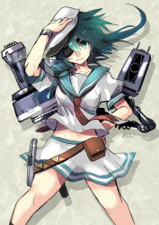 Rule 34 | 10s, 1girl, ascot, belt, bracelet, eyepatch, green eyes, green hair, hand on headwear, hand on own head, hand on own hip, hat, highres, jewelry, kantai collection, kiso (kancolle), long hair, looking at viewer, matching hair/eyes, midriff, miniskirt, nora (norabox), personification, pouch, sailor hat, school uniform, serafuku, short hair, sketch, skirt, smile, solo, standing