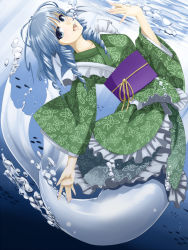 Rule 34 | 1girl, blue eyes, blue hair, breasts, bubble, collarbone, double ||/, drill hair, fins, frilled kimono, frills, full body, head fins, highres, japanese clothes, kazu (rakugakino-to), kimono, light rays, looking at viewer, matching hair/eyes, mermaid, monster girl, obi, open mouth, sash, smile, solo, touhou, underwater, wakasagihime, ||/