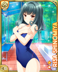 Rule 34 | 1girl, :o, bare arms, bare legs, bare shoulders, barefoot, breasts, brown eyes, card (medium), character name, cleavage, closed mouth, collarbone, competition swimsuit, day, female focus, girlfriend (kari), green hair, official art, one-piece swimsuit, outdoors, pool, poolside, qp:flapper, shinomiya risa, shy, standing, swimsuit, tagme