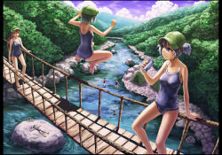 Rule 34 | 6+girls, arm support, bad id, bad pixiv id, bare legs, bare shoulders, blue eyes, blue hair, blue sky, bridge, brown hair, can, cloud, dark haired kappa, day, drink can, female focus, forest, framed, glasses, glasses kappa, hair bobbles, hair ornament, hanging bridge, hat, holding, jumping, kappa mob (touhou), kawashiro nitori, kurione (zassou), letterboxed, lying, multiple girls, nature, on back, one-piece swimsuit, open mouth, outdoors, outstretched arms, ponytail, purple hair, resized, river, same-sex bathing, scenery, school swimsuit, shared bathing, short hair, sky, smile, soda can, swimming, swimsuit, tent, touhou, twintails, two side up, water