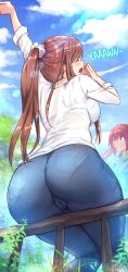 Rule 34 | 2girls, arm up, artist request, ass, blue pants, blush, breasts, brown hair, cameltoe, character request, closed eyes, cloud, copyright request, crotch, day, denim, fence, from behind, from below, hair ornament, hairband, hairclip, highres, jeans, large breasts, long hair, motion lines, multiple girls, open mouth, outdoors, pants, pantylines, ponytail, see-through, see-through silhouette, shirt, sidelocks, sitting, sky, sparkle, stretching, sun, sunlight, tearing up, tears, thighs, tight clothes, tight pants, tree, white shirt, yawning