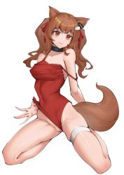 Rule 34 | absurdres, angelina (arknights), angelina (summer flower) (arknights), animal ears, arknights, black collar, breasts, brown hair, chinese commentary, cleft of venus, clothes pull, collar, collarbone, commentary request, covered erect nipples, earpiece, fox ears, fox girl, fox tail, full body, ghosty (xiaobai), hair ribbon, highres, infection monitor (arknights), large breasts, long hair, looking at viewer, official alternate costume, one-piece swimsuit, one-piece swimsuit pull, orange eyes, pulling own clothes, pussy, red one-piece swimsuit, red ribbon, ribbon, seiza, simple background, sitting, solo, strap slip, swimsuit, tail, thigh strap, tongue, tongue out, twintails, white background