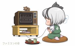 Rule 34 | 1girl, black bow, black hairband, blush, bow, bow hairband, commentary request, copyright request, crt, cup, famicom, famicom gamepad, from behind, full body, game console, green skirt, green vest, grey hair, hairband, jun sasaura, konpaku youmu, konpaku youmu (ghost), playing games, puffy short sleeves, puffy sleeves, seiza, shirt, short hair, short sleeves, simple background, sitting, skirt, skirt set, solo, table, teapot, touhou, translation request, vest, wariza, white background, white shirt, yunomi