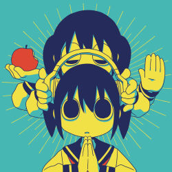 Rule 34 | 2girls, apple, behind another, clone, commentary, cropped torso, dressing another, explosion psycho, expressionless, extra arms, food, fruit, haguruma hasami (explosion psycho), half-closed eyes, hands up, headphones, highres, holding, holding food, holding fruit, holding headphones, limited palette, long sleeves, looking at viewer, multiple girls, neckerchief, open mouth, original, palms together, praying, red neckerchief, sailor collar, school uniform, serafuku, short hair, solid eyes, sunburst, twintails, upper body, wide-eyed