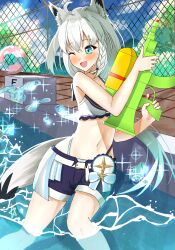 Rule 34 | 1girl, absurdres, ahoge, animal ear fluff, animal ears, blue shorts, blush, braid, breasts, commentary request, fox ears, fox girl, fox tail, green eyes, hair between eyes, highres, hololive, hololive summer 2023 swimsuit, long hair, looking at viewer, medium breasts, navel, one eye closed, open mouth, outdoors, pentagram, pool, shirakami fubuki, shorts, sidelocks, single braid, solo, sparkle, tail, ucchi-77, virtual youtuber, wading, water gun, white hair