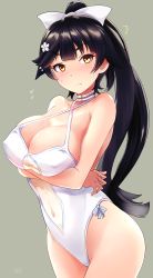 Rule 34 | 1girl, azur lane, black hair, bow, breasts, brown eyes, casual one-piece swimsuit, choker, cleavage, clothing cutout, covered erect nipples, cowboy shot, flower, grey background, hair bow, hair flower, hair ornament, highres, large breasts, long hair, looking at viewer, navel cutout, one-piece swimsuit, ponytail, signature, simple background, solo, swimsuit, taka shida, takao (azur lane), takao (beach rhapsody) (azur lane), white bow, white one-piece swimsuit