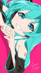 Rule 34 | 1girl, absurdres, aqua eyes, aqua hair, artist name, bare shoulders, black sleeves, commentary, detached sleeves, earpiece, grin, hair between eyes, hair ornament, hatsune miku, headphones, highres, light blush, looking at viewer, lying, on stomach, pink background, shoulder tattoo, sideways, simple background, smile, solo, tattoo, twintails, vocaloid, zetsuyo chimayo