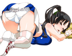Rule 34 | 1girl, akiyama mio, all fours, ass, bare shoulders, bent over, black eyes, black hair, breasts, cheerleader, frills, from behind, k-on!, large breasts, long hair, midriff, open mouth, panties, pom pom (cheerleading), ponytail, round teeth, shinama, simple background, solo, striped clothes, striped thighhighs, teeth, thighhighs, top-down bottom-up, underwear, vertical-striped clothes, vertical-striped thighhighs, white background, white panties