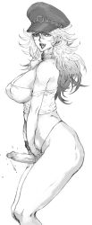Rule 34 | 1girl, bare shoulders, breasts, capcom, choker, crop top, final fight, futanari, greyscale, hat, highres, kyuraa (kyura9een), large breasts, long hair, long image, messy hair, monochrome, naughty face, newhalf, penis, poison (final fight), simple background, solo, street fighter, tall image, tongue
