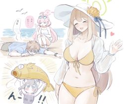 Rule 34 | 1boy, 3girls, = =, @ @, ^ ^, animal ears, beach, bikini, blue archive, closed eyes, competition swimsuit, ekoru, front-tie bikini top, front-tie top, giving up the ghost, halo, hat, heart, highres, hoshino (blue archive), hoshino (swimsuit) (blue archive), light brown hair, long hair, lying, multiple girls, navel, nonomi (blue archive), nonomi (swimsuit) (blue archive), official alternate costume, on stomach, one-piece swimsuit, outdoors, pink hair, see-through, see-through shirt, sensei (blue archive), shiroko (blue archive), shiroko (swimsuit) (blue archive), side-tie bikini bottom, speech bubble, squatting, stomach, sun hat, swimsuit, translated, twintails, very long hair, white bikini, wolf ears, yellow bikini