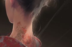 Rule 34 | 1girl, black hair, chinese commentary, close-up, commentary request, dark background, eyelashes, facing away, flower tattoo, from behind, japanese clothes, kimono, light particles, nape, neck tattoo, onebill, original, red kimono, tattoo