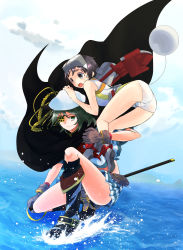 Rule 34 | 10s, 2girls, ass, bad id, bad pixiv id, black eyes, black hair, blue sky, brown gloves, cape, carrying over shoulder, cloud, cloudy sky, crotch, diving mask, diving mask on head, eyepatch, full body, gloves, goggles, goggles on head, green eyes, hand on another&#039;s head, highres, kantai collection, kiso (kancolle), looking at another, looking at viewer, maru-yu (kancolle), midriff, multiple girls, ocean, one-piece swimsuit, open mouth, pleated skirt, school swimsuit, school uniform, serafuku, short hair, skirt, sky, swimsuit, thighs, white one-piece swimsuit, white school swimsuit, yike (yr marimo)