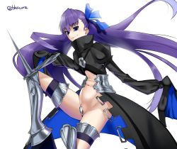 Rule 34 | 10s, 1girl, armor, belt, belt buckle, blaccura, blue bow, bow, buckle, crotch plate, fate/extra, fate/extra ccc, fate (series), faulds, female focus, greaves, groin, hair bow, hair ornament, hands in opposite sleeves, high collar, highres, long hair, meltryllis (fate), navel, puffy sleeves, purple hair, signature, simple background, sleeves past wrists, solo, thigh strap, very long hair, waist cape, white background