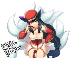 Rule 34 | 1girl, ahri (league of legends), black hair, breasts, cleavage, dakun, hat, headset, large breasts, league of legends, long hair, low neckline, simple background, solo, very long hair, white background