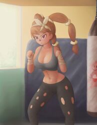 Rule 34 | 1girl, absurdres, angry, arm bands, breasts, brown hair, cleavage, creatures (company), female focus, fighting, game freak, gen 4 pokemon, grey shirt, hair ornament, highres, huge breasts, leggings, lopunny, nintendo, pokemon, pokemon (creature), preparing, red eyes, saf-404, shirt, solo, training
