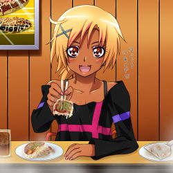 Rule 34 | 10s, 1girl, arm rest, bare shoulders, black shirt, bleached hair, blonde hair, blush, chopsticks, collarbone, dark-skinned female, dark skin, derivative work, eating, eyelashes, fingernails, food, ganguro, giving, glass, hair ornament, hairclip, happy, hino akane (smile precure!), indoors, lipstick, long sleeves, looking at viewer, makeup, mameshiba (pixiv 59310), nail polish, okonomiyaki, open mouth, photo (object), plate, ponytail, precure, red eyes, shirt, short hair, sitting, smile, smile precure!, solo, source request, spatula, third-party edit, translated