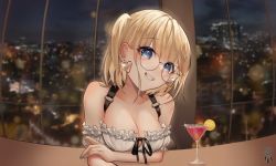 Rule 34 | 1girl, bar (place), bare shoulders, bespectacled, blonde hair, blue eyes, blue nails, blunt bangs, breasts, cleavage, cocktail glass, collarbone, cup, drinking glass, earrings, fingernails, glasses, gold earrings, grin, heart, heart earrings, highres, hololive, hololive english, jewelry, large breasts, looking at viewer, martini, may alice (artist), nail polish, off shoulder, round eyewear, smile, solo, sparkle, teeth, virtual youtuber, watson amelia, watson amelia (street casual), window