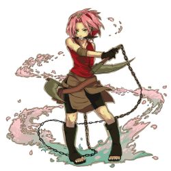 Rule 34 | 1girl, arm warmers, bag, bare shoulders, belt, bike shorts, black footwear, black gloves, boots, brown skirt, chain, chain scythe, cherry blossoms, dual wielding, full body, gloves, green eyes, haruno sakura, headband, headdress, highres, holding, holding weapon, knee boots, kunai, kusarigama, looking to the side, miyano a, mouth hold, naruto (series), naruto shippuuden, petals, pigeon-toed, pink hair, red shirt, shirt, shoes, short hair, shorts, shorts under skirt, sickle, side slit, simple background, skin tight, skirt, sleeveless, sleeveless shirt, solo, spandex, toeless footwear, toes, weapon, white background, wind