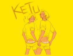 Rule 34 | 2boys, arrow (projectile), back, boxers, brothers, butt crack, freckles, jewelry, looking at viewer, male focus, male underwear, monkey d. luffy, multiple boys, necklace, one piece, over shoulder, portgas d. ace, scar, siblings, tan, tanline, underwear, yellow theme