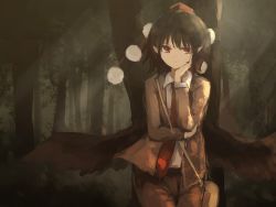 Rule 34 | 1girl, absurdres, bag, black hair, black wings, brown jacket, cowboy shot, forbidden scrollery, forest, hand on own cheek, hand on own face, hat, highres, jacket, light rays, looking at viewer, nature, necktie, pointy ears, pom pom (clothes), red eyes, red necktie, shameimaru aya, shameimaru aya (newsboy), short hair, solo, standing, sunbeam, sunlight, thkani, tokin hat, touhou, wings