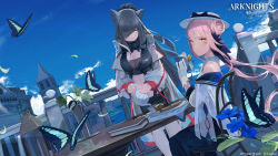 Rule 34 | 2girls, absurdres, animal ears, arknights, bare shoulders, black bow, black scarf, blue feathers, blue sky, book, bow, breasts, bug, building, butterfly, cat ears, ceylon (arknights), chair, cloud, commentary, copyright name, cowboy shot, crop top, cup, day, dress, dutch angle, english commentary, feather hair, feathers, food, gloves, grey hair, hair bun, hair over one eye, hand up, hat, hat bow, highres, holding, holding food, holding teapot, insect, jacket, long hair, long sleeves, looking at viewer, medium breasts, midriff, mikisai, multiple girls, open clothes, open jacket, outdoors, pink hair, railing, scarf, schwarz (arknights), single hair bun, sky, smile, standing, teacup, teapot, white dress, white gloves, white headwear, white jacket, yellow eyes