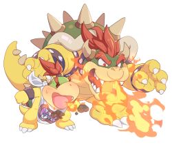 Rule 34 | 2boys, armlet, bowser, bowser jr., bracelet, breath weapon, breathing fire, fang, father and son, fire, horns, hoshikuzu pan, jewelry, mario (series), multiple boys, nintendo, open mouth, ponytail, red eyes, red hair, sharp teeth, shell, short hair, simple background, size difference, spiked armlet, spiked bracelet, spiked tail, spikes, super mario 3d world, tail, teeth, transparent background, white background