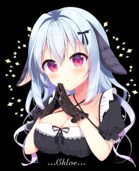 Rule 34 | 1girl, animal ears, aoi yun, black background, black bow, black gloves, black shirt, blue hair, blush, bow, breasts, cleavage, closed mouth, collarbone, commentary request, criss-cross halter, cropped torso, ears down, gloves, gradient hair, hair between eyes, hair bow, halterneck, lace, lace gloves, long hair, looking at viewer, medium breasts, multicolored hair, original, pink hair, puffy short sleeves, puffy sleeves, purple eyes, rabbit ears, shirt, short sleeves, smile, solo, sparkle, steepled fingers, upper body