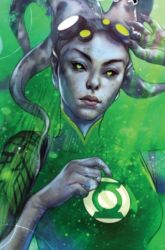 Rule 34 | 1girl, 2-6-8-1-7-9-5, alien, asymmetrical clothes, black sclera, colored sclera, colored skin, dc comics, freckles, goggles, goggles on head, green eyes, green lantern, green lantern (series), grey skin, pointy ears, solo, tentacles, tentacle hair, uniform