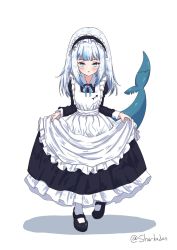 Rule 34 | 1girl, alternate costume, apron, black dress, blue eyes, blue hair, bowing, curtsey, dress, enmaided, fins, fish tail, gawr gura, highres, hololive, hololive english, long sleeves, looking at viewer, maid, maid apron, maid headdress, multicolored hair, shark tail, sharkudon, skirt hold, solo, streaked hair, tail, virtual youtuber, white background
