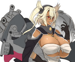 Rule 34 | 10s, 1girl, bandages, blonde hair, breasts, budget sarashi, cannon, dark-skinned female, dark skin, fang, glasses, gloves, headgear, huge breasts, kantai collection, kloah, military, musashi (kancolle), musashi kai (kancolle), pointy hair, red eyes, sarashi, sketch, smile, solo, twintails