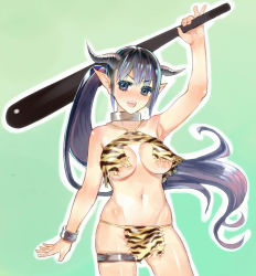 Rule 34 | 1girl, animal print, bikini, bracelet, breasts, c.cu, club (weapon), collar, horns, jewelry, large breasts, navel, oni, original, pointy ears, ponytail, solo, swimsuit, tiger print, underboob, weapon