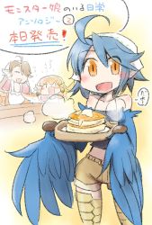 Rule 34 | 10s, 3girls, :d, ahoge, apron, blue hair, blue wings, blush, brown hair, brown wings, crossover, feather hair, feathered wings, food, hair over one eye, harpy, head scarf, highres, monster girl, monster musume no iru nichijou, multiple girls, nobuyoshi-zamurai, open mouth, orange eyes, pancake, papi (monster musume), rin (torikissa!), scales, short shorts, shorts, siblings, sisters, sketch, smile, suzu (torikissa!), torikissa!, trait connection, translation request, winged arms, wings